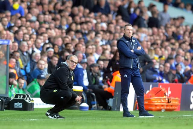 Neil Harris of Millwall (right) and Leeds manager Marcelo Bielsa: Tony Johnson.
