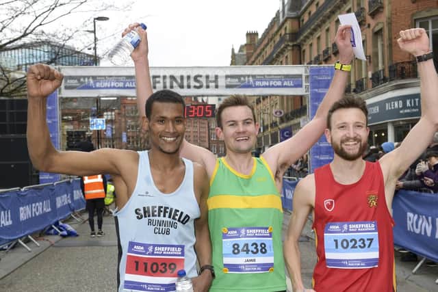 The podium finishers in the Sheffield Half Marathon: Mohammed Saleh (2nd), Jamie Hall (1st) and Alex Lanz (3rd)