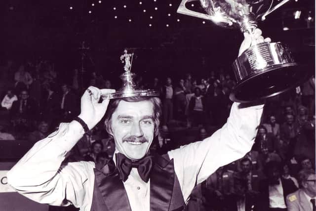 Canadian Cliff Thorburn, known as The Grinder for his slow, methodical play, celebrates after winning in 1980.