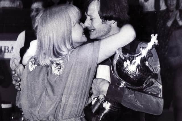 A tearful Alex Higgins celebrates his 1982 win.