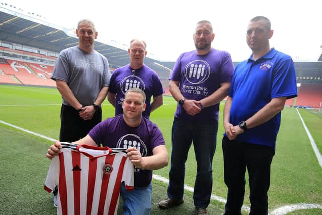 A group of former soldiers set off on their charity challenge to go around 96 sports grounds in 96 hours.
Pictured are Chris Nicholson, Tom Hardie, Bear Randell-Eyre, Gary Allen and Neil Wold leaving Bramall Lane.