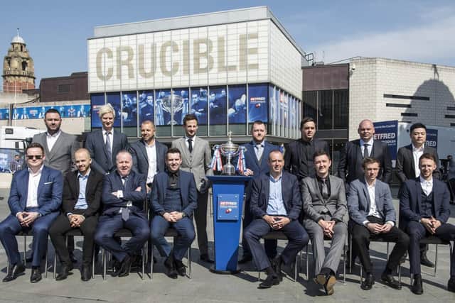 The world's top 16 snooker players gather outside the Crucible Theatre in Sheffield ahead of the World Championship. Picture: Dean Atkins