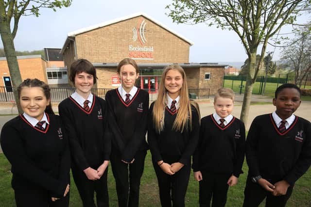 Pupils at Ecclesfield School. Pictured are Beth Hekin, 14, Lucas Fisher, 14, Victor Afowowe, 11, Holly Littewood, 14, Maddison Worswick, 14, and Josh Palfreyman, 12 (pic: Chris Etchells)