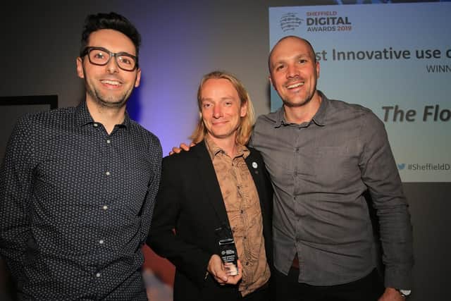 Innovative use of tech winner. Joe Hockney of SHU with Sam Chapman and Steve Cheshire of The Floow.