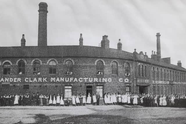 Portland Works, showing staff outside in their dinner hour. The Alexander Clark branding was added to the picture afterwards and never appeared on the building!