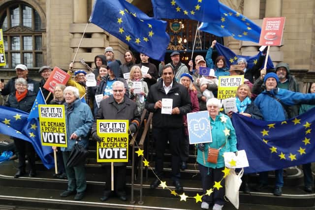 A rallying cry for a Peoples Vote on the steps of Sheffield Town Hall at the launch of Sheffield for Europes leaflet linked to the European Parliamentary elections on 23 May