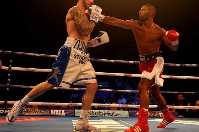 Kell Brook in action with Michael Zerafa during the WBA Super-Welterweight Final Eliminator between Kell Brook and Michael Zerafa at FlyDSA Arena on December 8, 2018 in Sheffield, England. (Photo by Nigel Roddis/Getty Images)