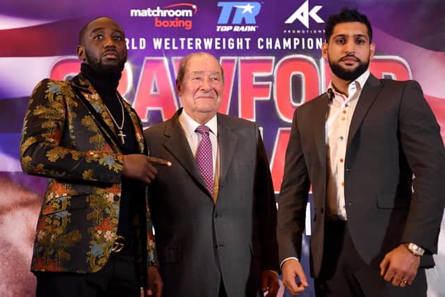 Terence Crawford, Bob Arum and Amir Khan during a Terence Crawford and Amir Khan Press Conference on January 15, 2019 . (Photo by Justin Setterfield/Getty Images)