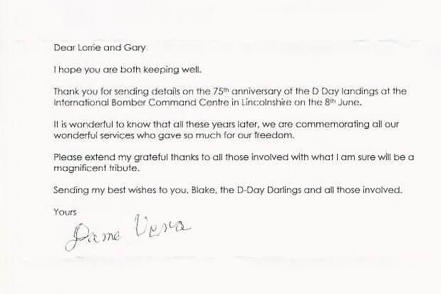 The letter which a thrilled Lorrie Brown received from Dame Vera Lynn