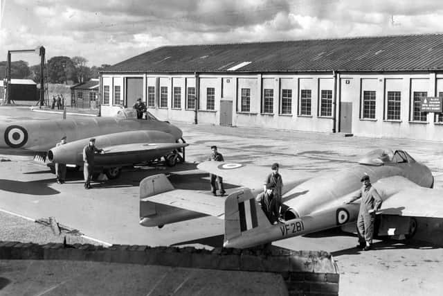 A Meteor, left, and Vampire at RAF Norton in 1955.