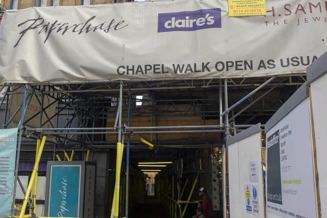 Scaffolding on Chapel Walk in Sheffield city centre. Picture Scott Merrylees