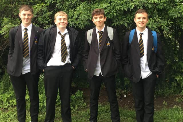 L-R Aston Academy Schoolboys- Rhys Hudson, Elliott Howson, Ryan Leather and Joshua Mitchell. They are to take on a charity obstacle course to raise funds in aid of their friend Harrison Walch, aged 14, who is receiving cancer treatment at theCancer andLeukaemiaWard at Sheffield Children's Hospital.