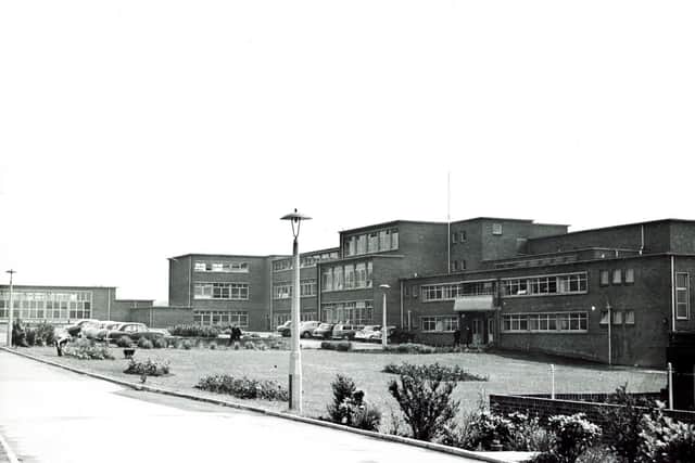 An exterior view of Rowlinson Technical School, Sheffield, in 1972