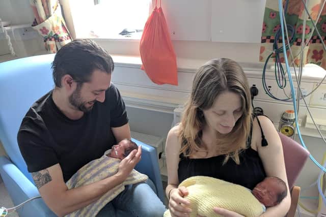 Pictured are daddy (Paul), Luca, mummy and Molly. The twins are five-days-old.