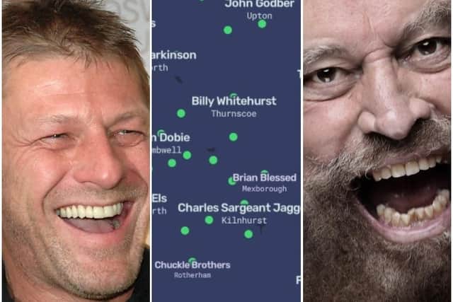 The map shows South Yorkshire's most famous faces such as Sean Bean and Brian Blessed.