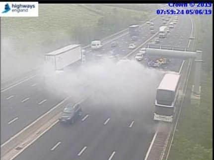 A coach is on fire on the M1 near to Meadowhall