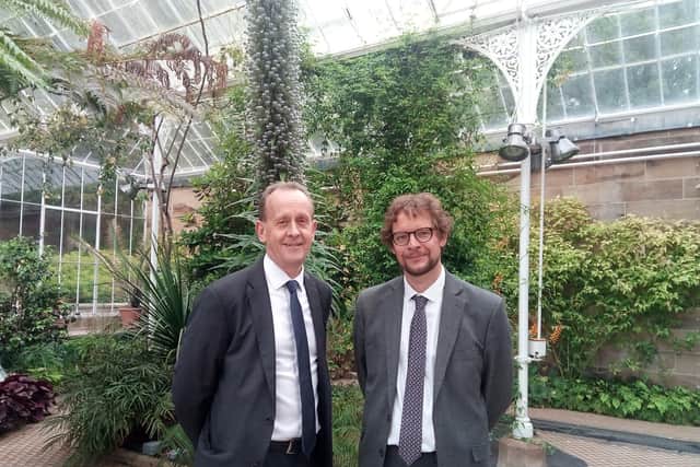 New growth: Barnsley Council leader Sir Steve Houghton with head of economic regeneration David Shepherd at Wentworth Castle Gardens' conservatory