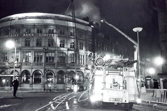 A fire engine attends the fire at the Montgomery Hall, Surrey Street, Sheffield, May 4, 1971