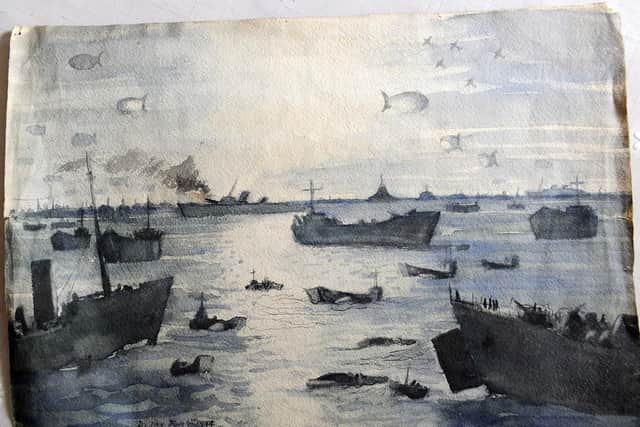 The D-Day painting Leslie Dowson sketched as he waited to land on June 6, 1944