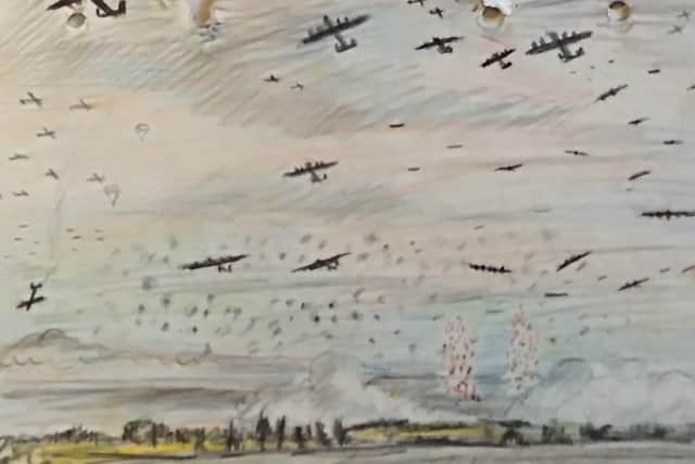 Leslie Dowson's sketch of the aerial bombardment of Caen