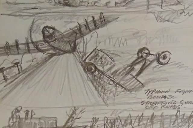 Leslie Dowson's sketch of an Allied plane strafing a road and forcing a German vehicle into a ditch