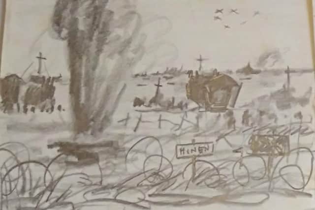 Leslie Dowson's sketch of the beach during the Normandy invasion