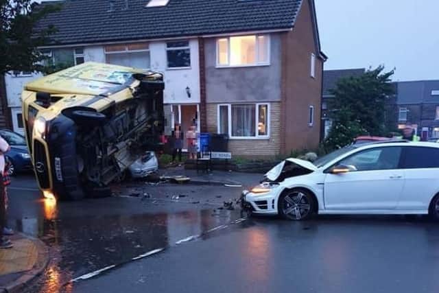 A Morrisons van overturned in a collision in Sheffield