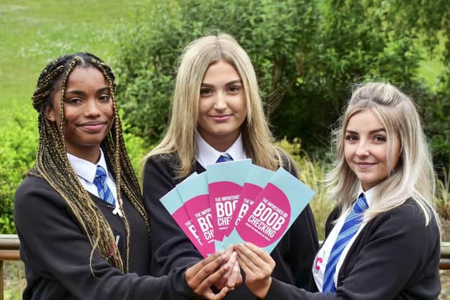Pupils at Hinde House School who have been trailling resources for cancer awareness charity Coppafeel. Jannah Hendy, Sophie Savage and Maisie Bushell