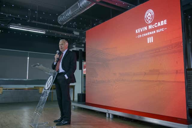 Kevin McCabe at a press conference at Bramall Lane to reveal USG as Sheffield United's new front of shirt sponsor: Scott Merrylees