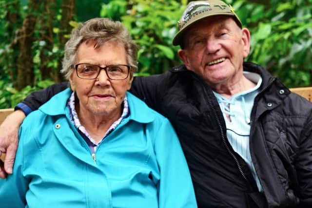 Tony Foulds and Madge Birtles, pictured by the Mi Amigo war memorial in Endcliffe Park. Picture: NSST-23-06-19-MiAmigo-9