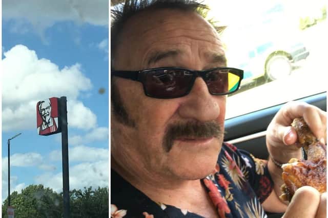 Paul Chuckle eats his own chicken outside a KFC