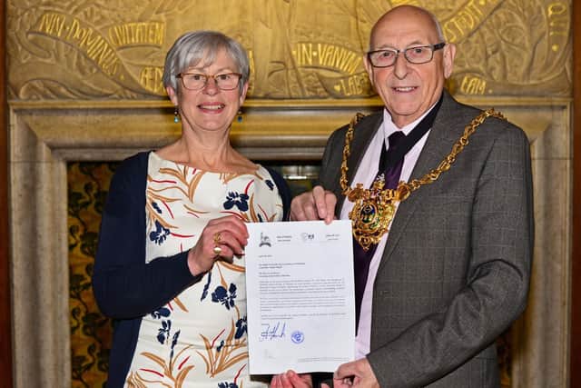 Julie Pearn, Chairman of Sheffield Labour Friends of Palestine, pictured with the Lord Mayor of Sheffield, councillor Tony Downing. Picture: Marie Caley