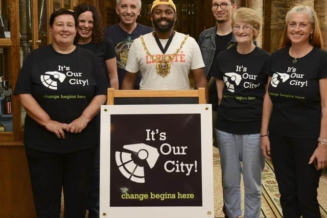 Fran Grace, Sue Kondakor, Andrew Kondakor, Ruth Hubbard and Shelley Cockayne are joined by Lord Mayor Magid Magid at the launch of their petition. Picture: Scott Merrylees