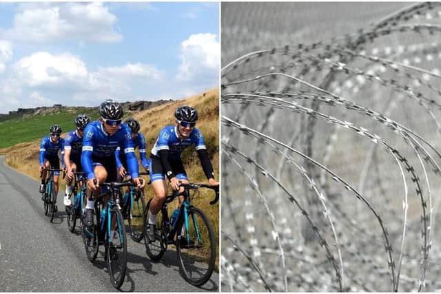 Cyclists in the Peak District and an image of razor wire.
