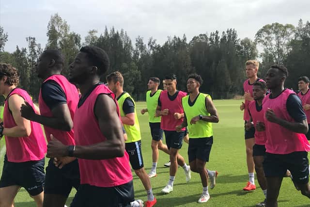 Joey Pelupessy and his Wednesday team-mates jogging in the club's pre-season training camp in Portugal