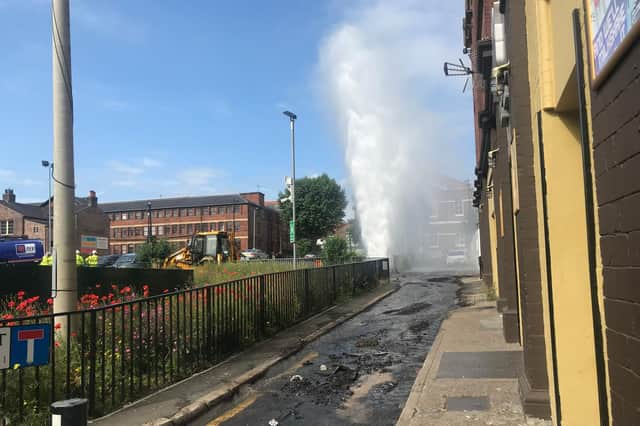 This is the scene in Carver Street, Sheffield city centre this morning due to a burst water main which is sending gallons of waterover 30 feet into the air.