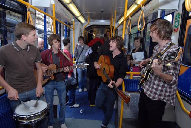 Local indie band Paperdots launch the Tramlines Music Festival by playing on the Supertram in 2009