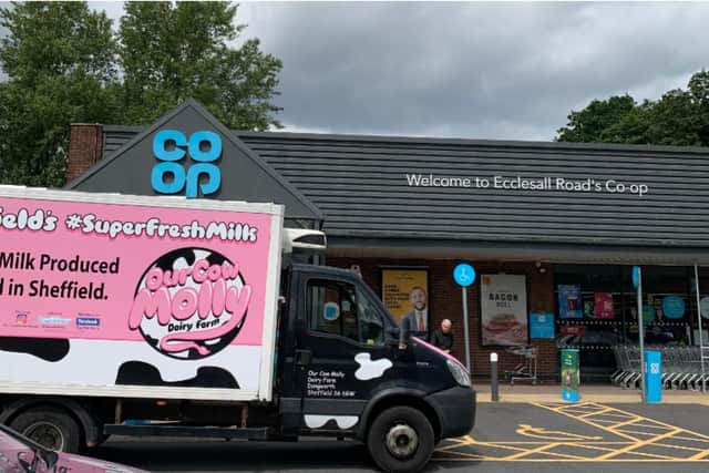 Our Cow Molly makes its first delivery of milk in glass bottles to the Ecclesall Road Co-op in Sheffield