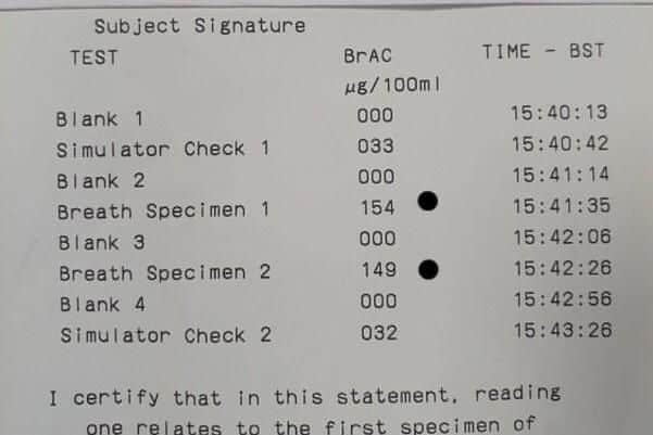 SYP released details of the failed breath test. (Photo: SYOps).
