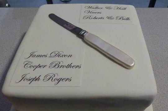 A special cake made for the Name on a Knife Blade launch event at the Hawley Gallery in Kelham Island Museum, Sheffield