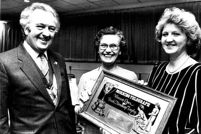 Bob Jackson pictured with Dorothy Hurst and Jean Smith when he was president of Millhouses Bowling Club in October 1984.