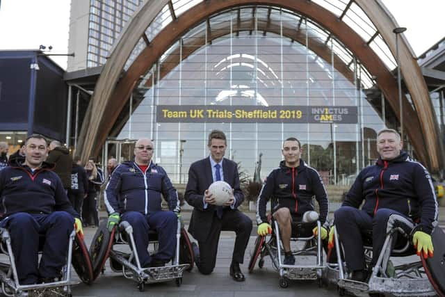 Former defence Secretary Gavin Williamson chats with wheelchair basketball players (John Burbridge, Paul Nichol, Scott McNice and Darren Young) at the launch of the 2019 UK Invictus Games Trials which are to be held in Sheffield in July. Picture: Scott Merrylees