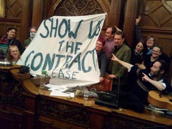 Sheffield tree protesters at a full council meeting calling to "show the contract" between Sheffield City Council and Amey