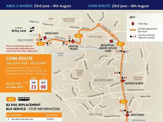 This map shows the replacement bus service which will be in place during the latest phase of the tram tracks renewal work