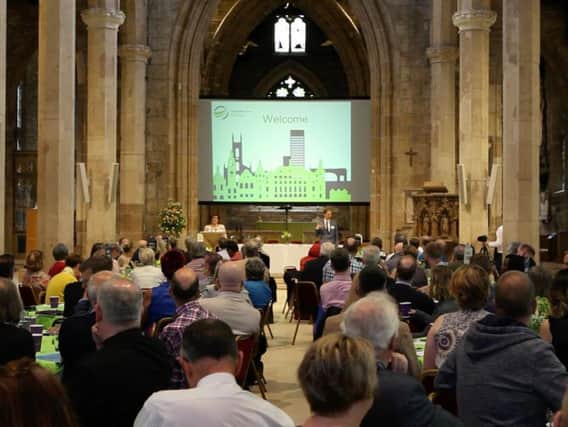 Sandie Keene and Ben Woollard, of Together for Sheffield, speaking at the Cathedral. Picture: Anna Hodges
