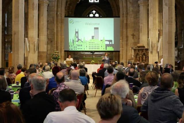 Sandie Keene and Ben Woollard, of Together for Sheffield, speaking at the Cathedral. Picture: Anna Hodges