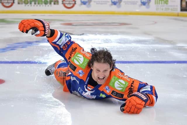Levi Nelson celebrates his late winner against Nottingham Panthers for Sheffield Steelers, Sep 10, 2017.
Picture: Dean Woolley.
