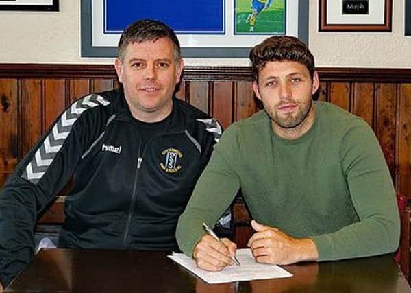 Stocksbridge Park Steels manager Chris Hilton (left) with new signing striker Aaron Moxam - Photo courtesy of SPSFC