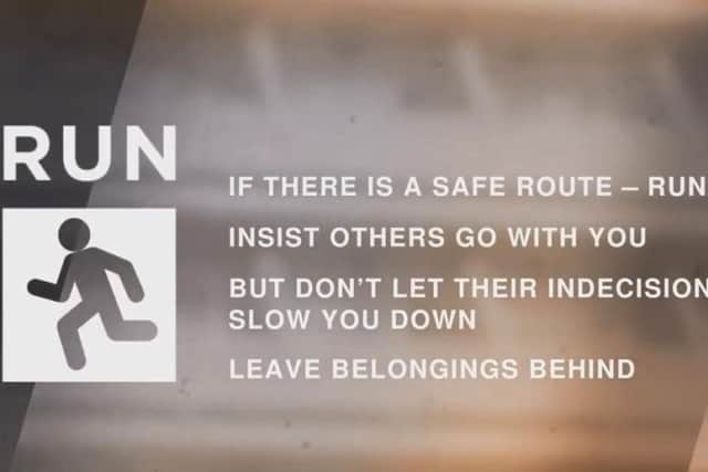 The video advises people to 'run, hide and tell' in the event of a terror attack