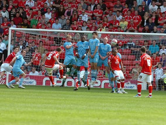 Kieran Tripper scores a late goal for Barnsley against Doncaster Rovers from a free kick in 2011.